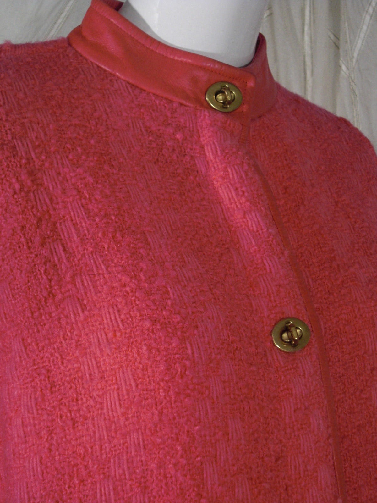 1960s Bonnie Cashin Lipstick Pink Wool Tweed Leather Trimmed Coat 2