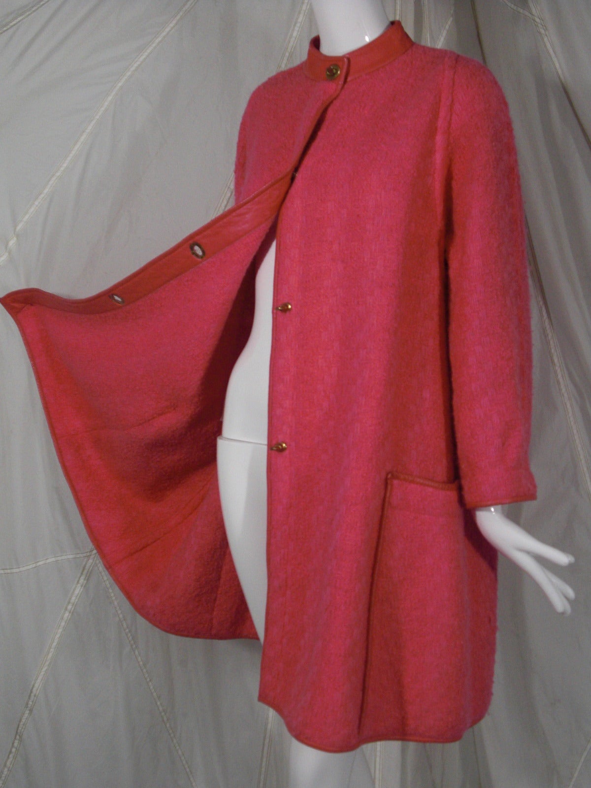 1960s Bonnie Cashin Lipstick Pink Wool Tweed Leather Trimmed Coat 3