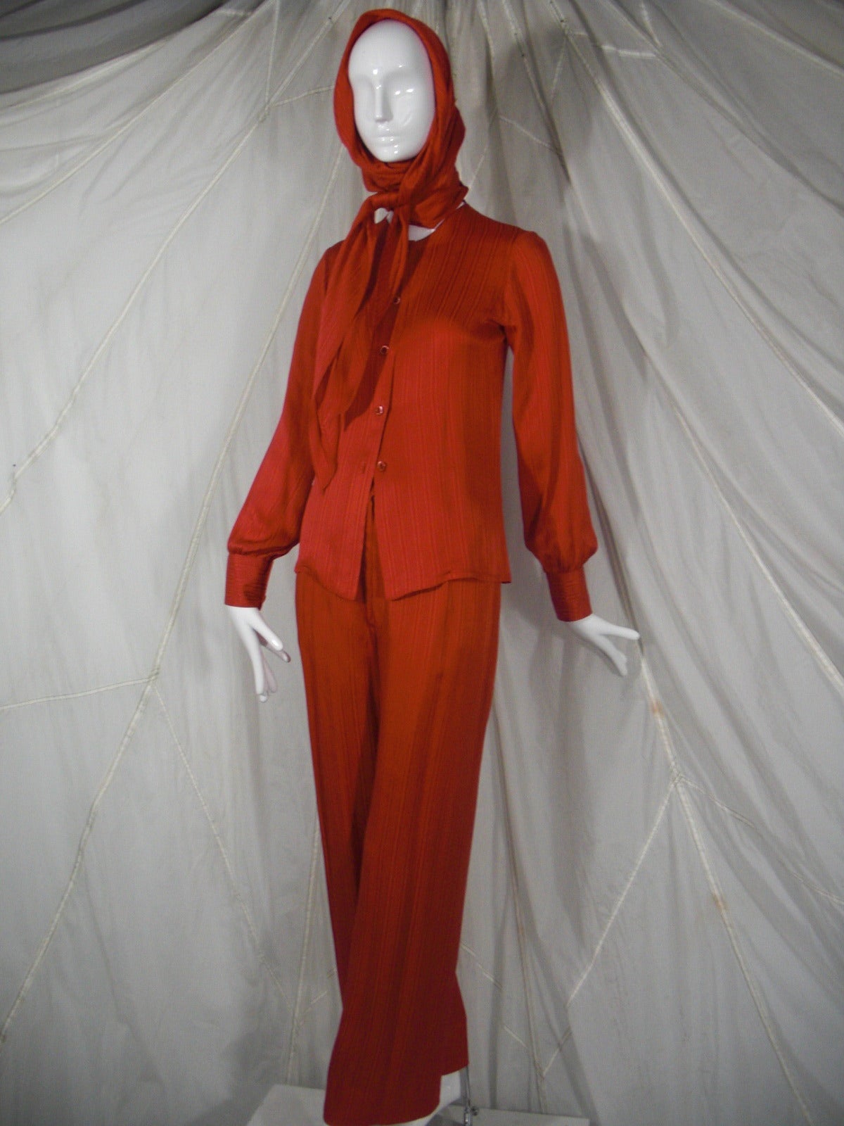 1980s Valentino Red Silk Blouse and Pant Ensemble w/ Attached Scarf In Excellent Condition In Gresham, OR