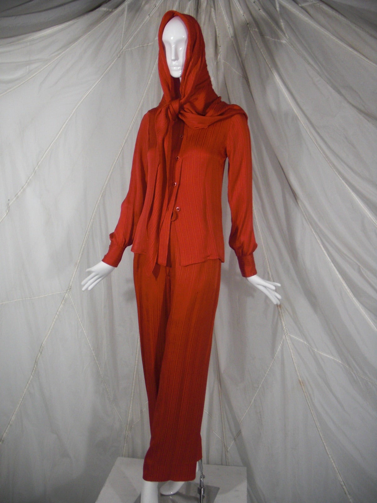 1980s Valentino Red Silk Blouse and Pant Ensemble w/ Attached Scarf 1