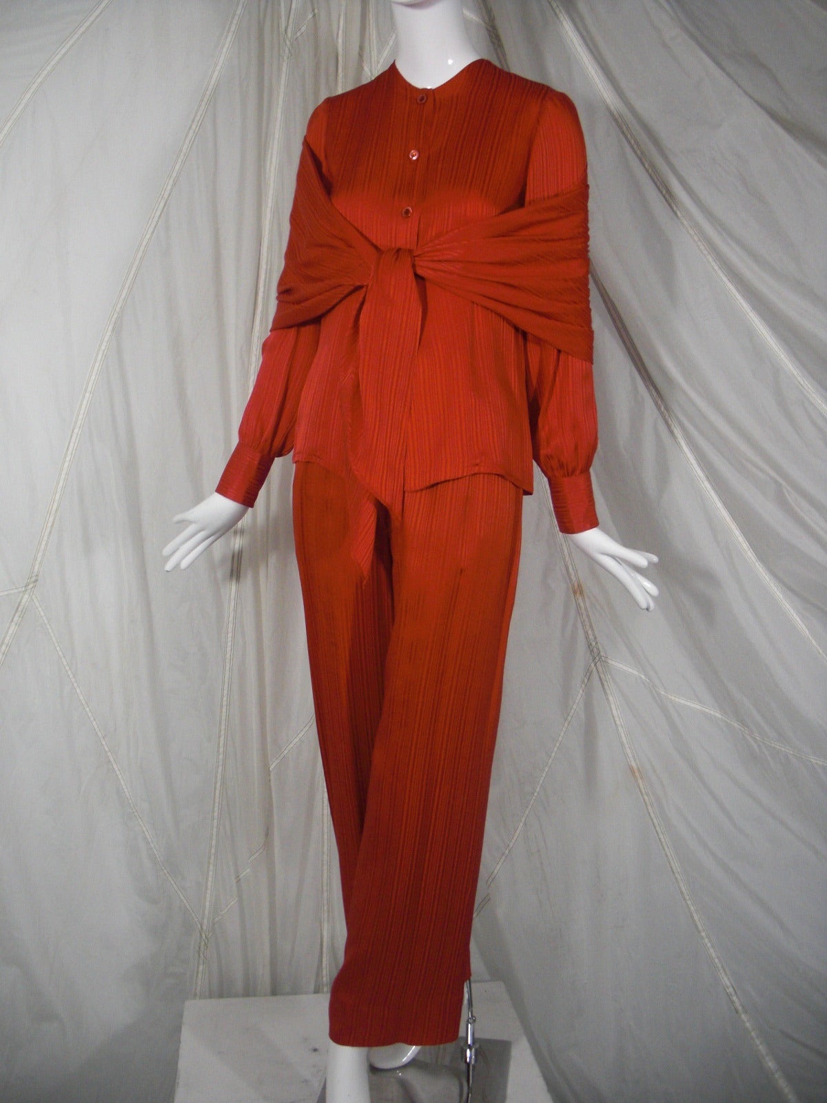 1980s Valentino Red Silk Blouse and Pant Ensemble w/ Attached Scarf 3