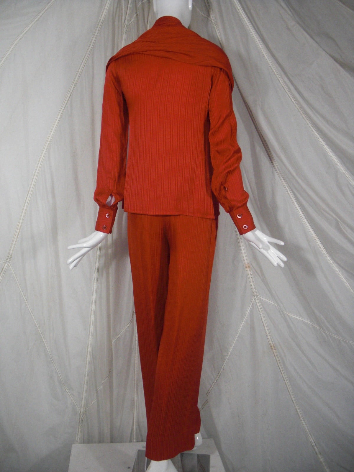 1980s Valentino Red Silk Blouse and Pant Ensemble w/ Attached Scarf 4