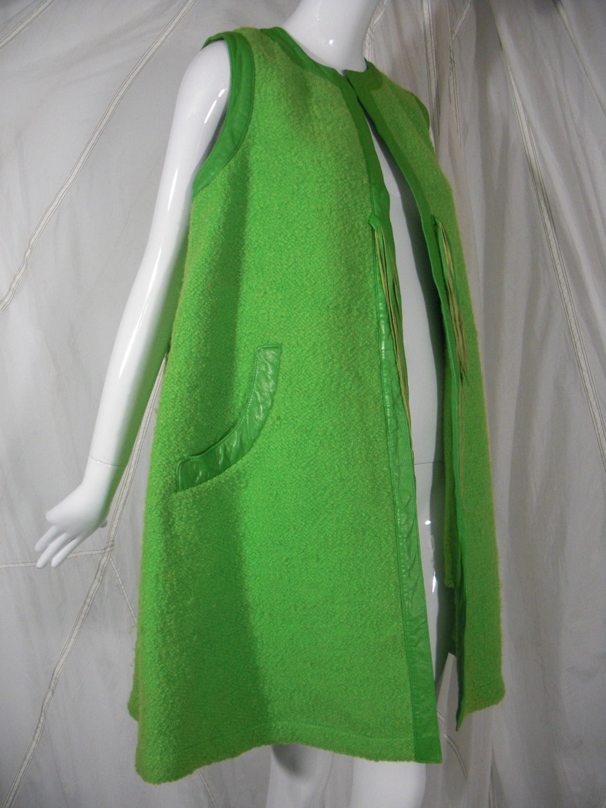 1960s Bonnie Cashin Apple Green Wool and Leather Trimmed Vest In Excellent Condition In Gresham, OR