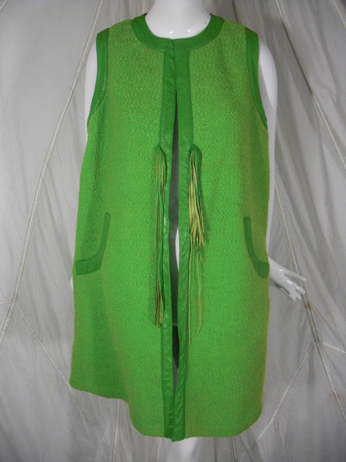 Women's 1960s Bonnie Cashin Apple Green Wool and Leather Trimmed Vest