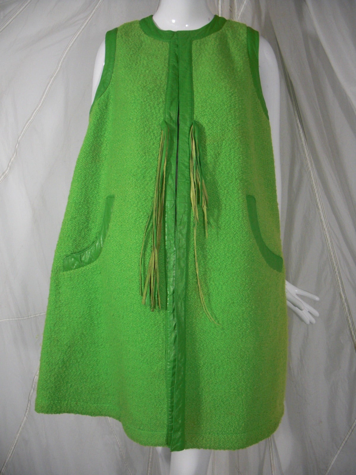 1960s Bonnie Cashin Apple Green Wool and Leather Trimmed Vest 1