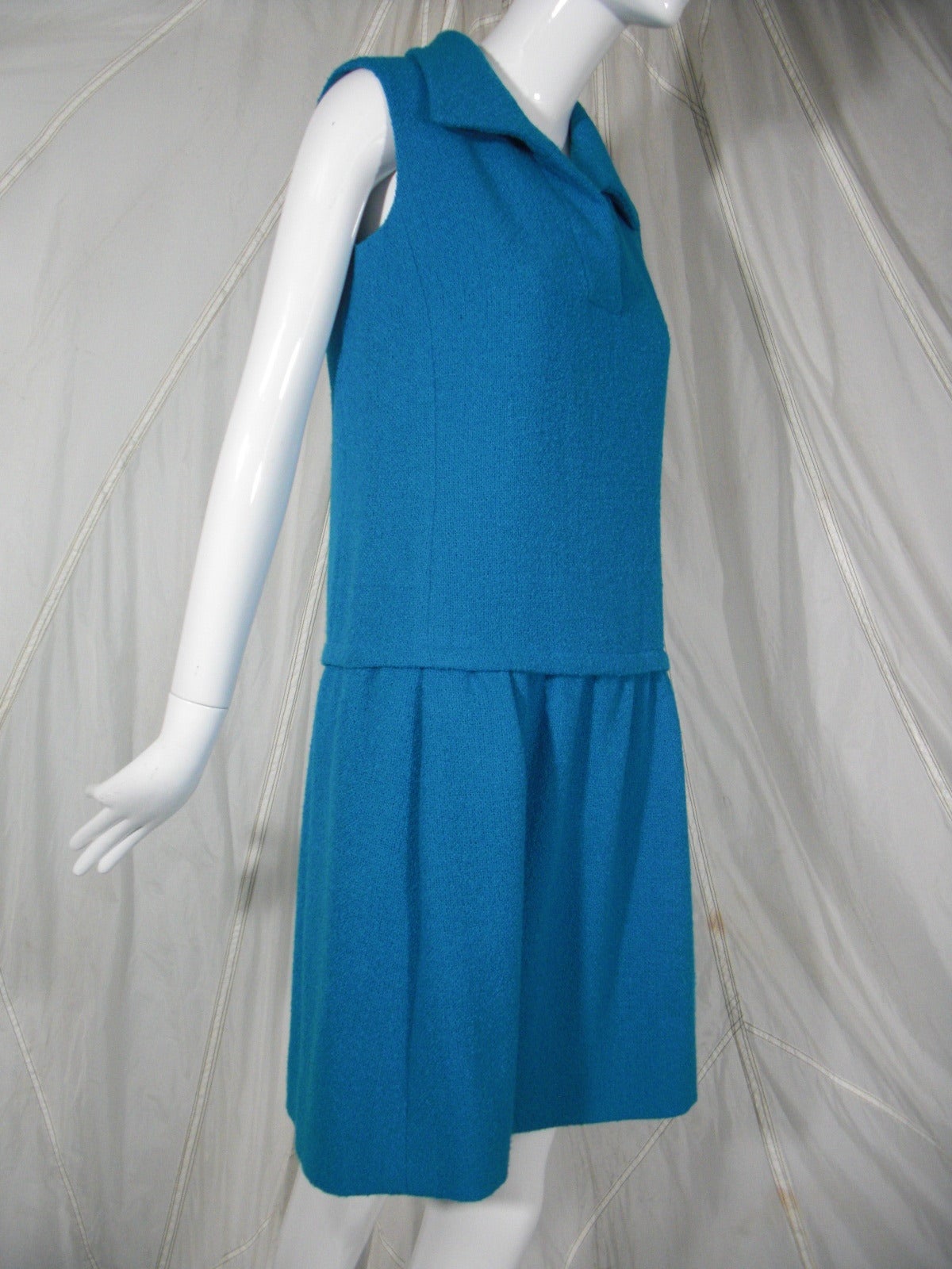 Blue 1960s B. H. Wragge Turquoise Summer Wool Drop-Waist Day Dress