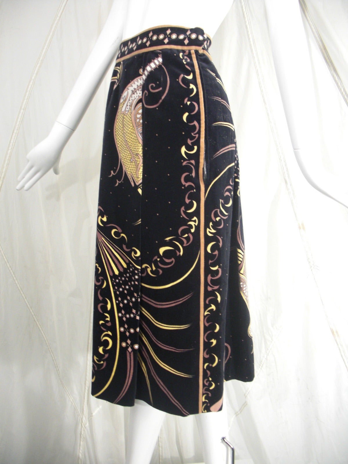 Black 1970s Emilio Pucci Cotton Velveteen Pleated Print Skirt