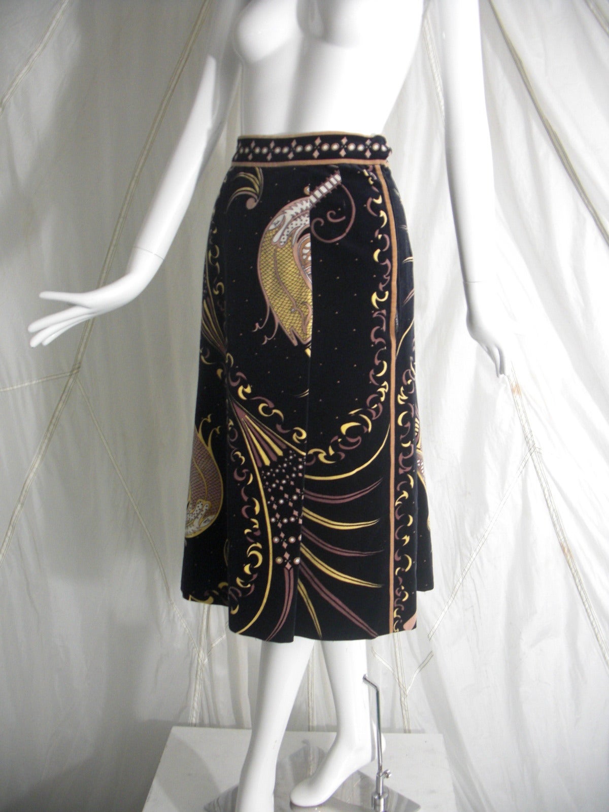 1970s Emilio Pucci Cotton Velveteen Pleated Print Skirt 2