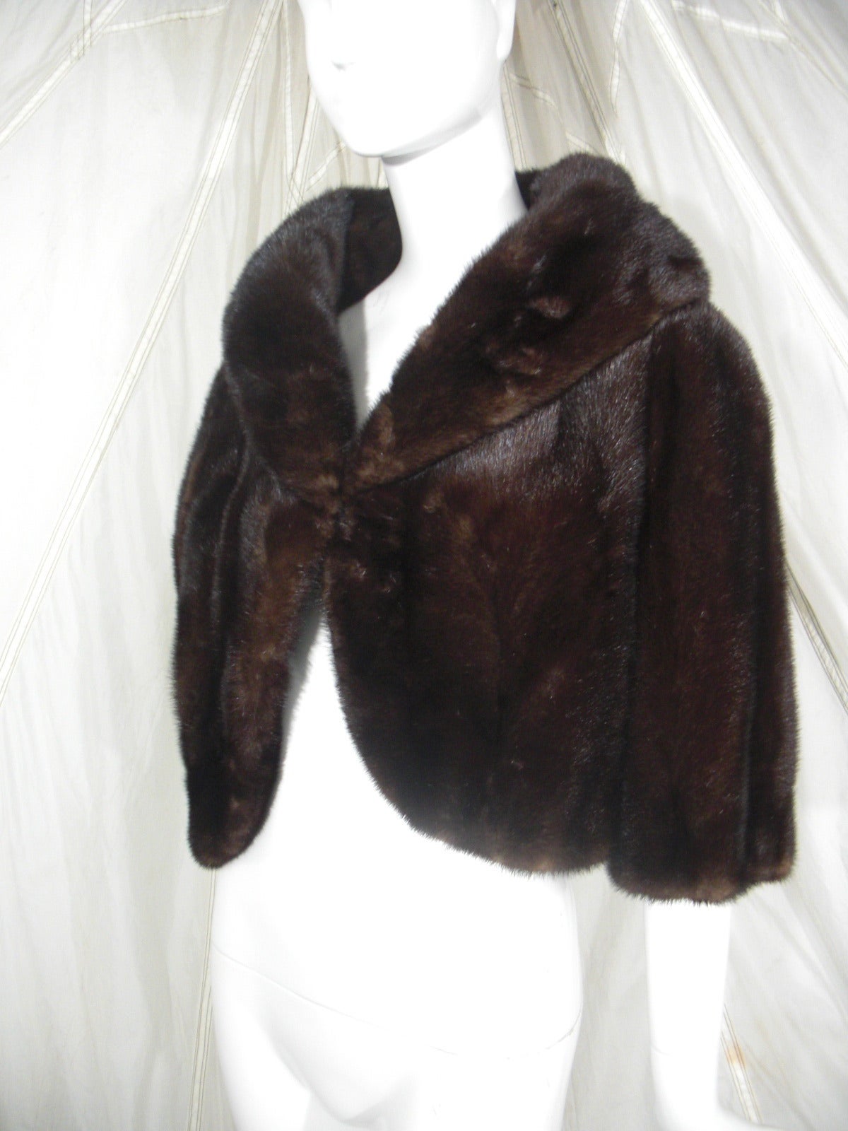 1960s I. Magnin Chocolate Brown Mink Cropped Evening Jacket In Excellent Condition In Gresham, OR