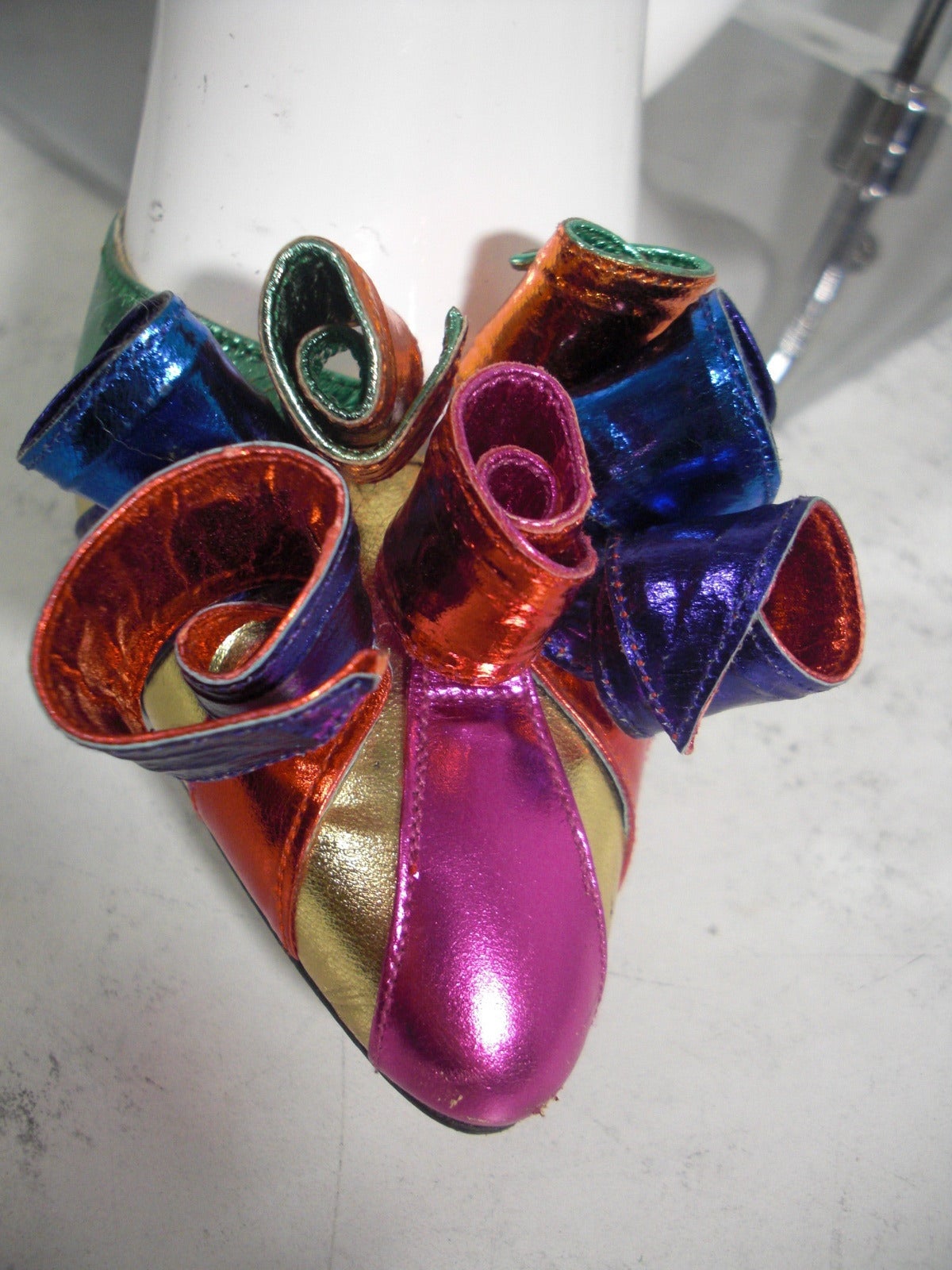 1980s Beverly Feldman Metallic Foil Ankle-Tie Party Shoes w/ Extravagant Toe Treatment.