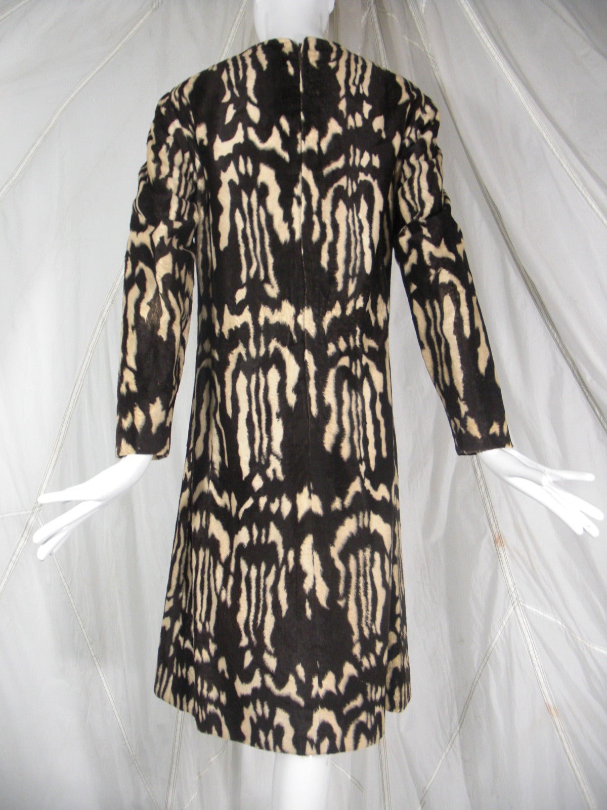 Women's 1960s Adele Simpson Faux Skunk Fur Button Down Dress w/ Nehru Collar