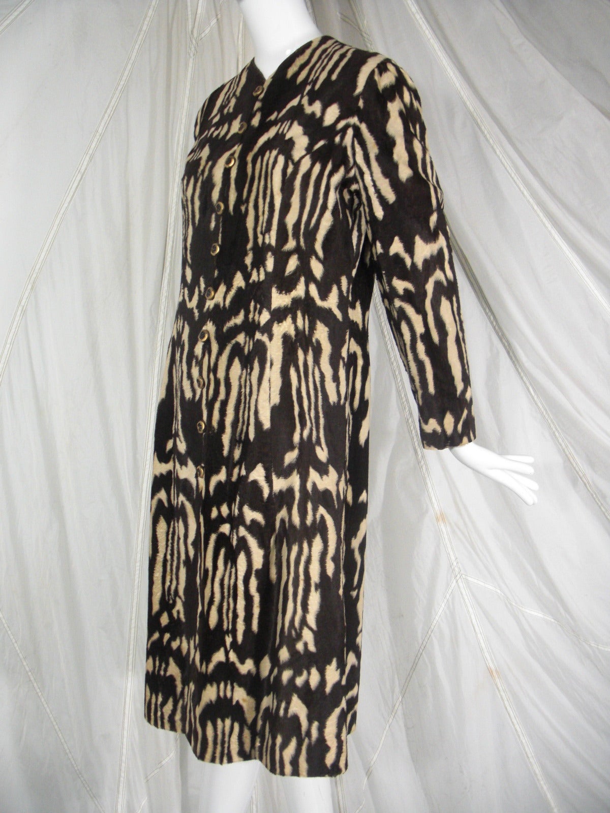 1960s Adele Simpson Faux Skunk Fur Button Down Dress w/ Nehru Collar 1