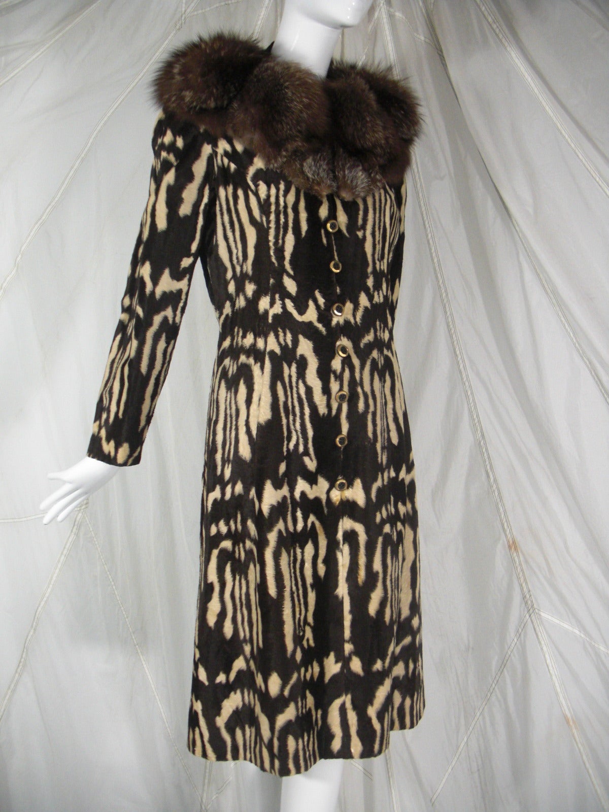 1960s Adele Simpson Faux Skunk Fur Button Down Dress w/ Nehru Collar In Good Condition In Gresham, OR