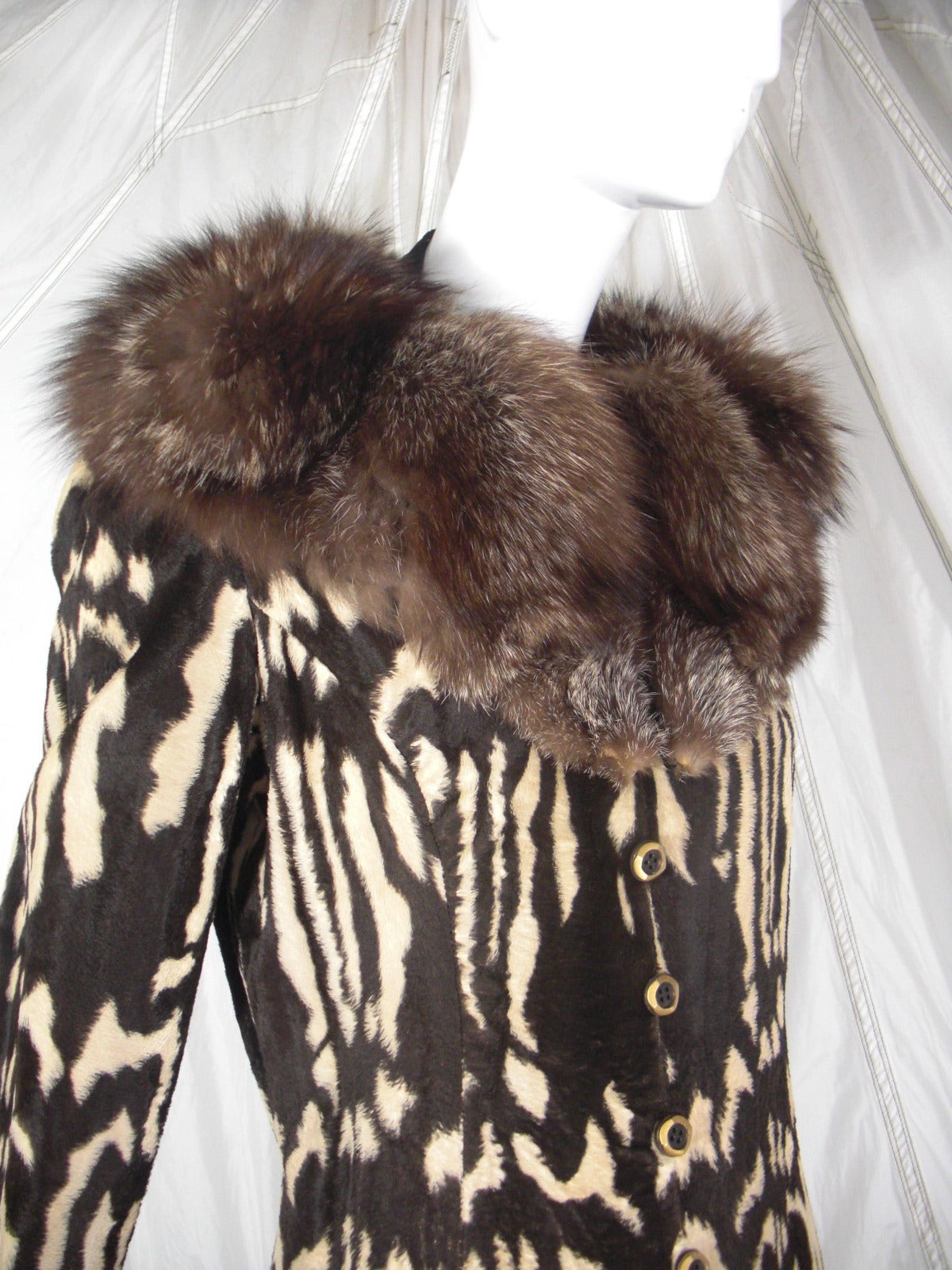 1960s Adele Simpson Faux Skunk Fur Button Down Dress w/ Nehru Collar 3