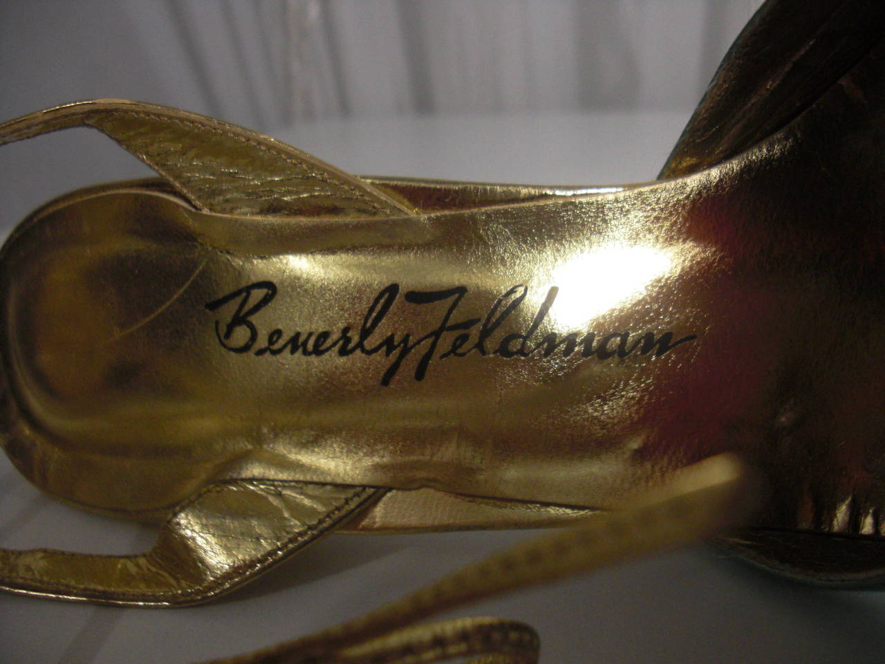 Women's 1980s Beverly Feldman Metallic Foil Ankle-Tie Party Shoes w/ Extravagant Toe