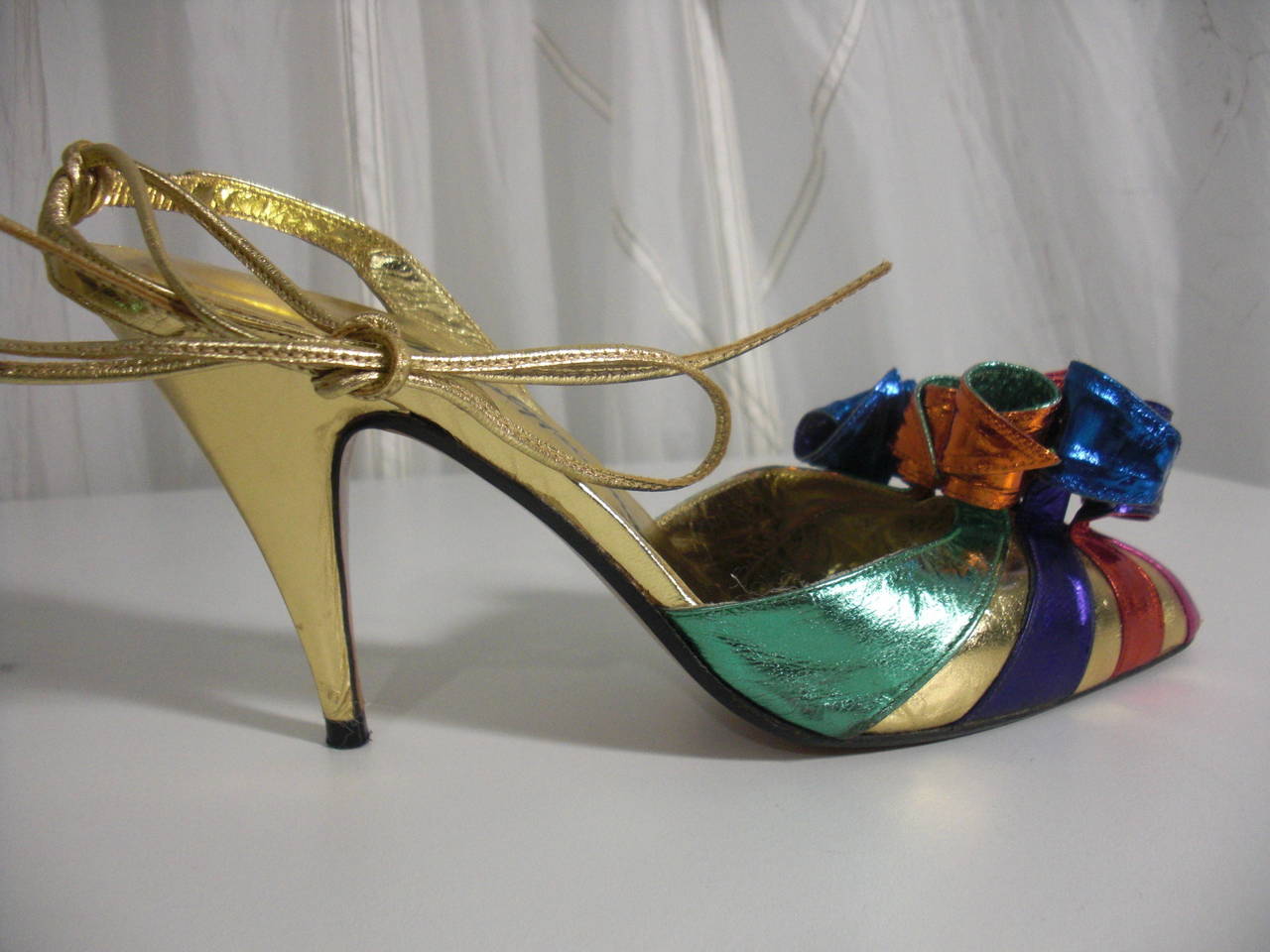 1980s Beverly Feldman Metallic Foil Ankle-Tie Party Shoes w/ Extravagant Toe 1