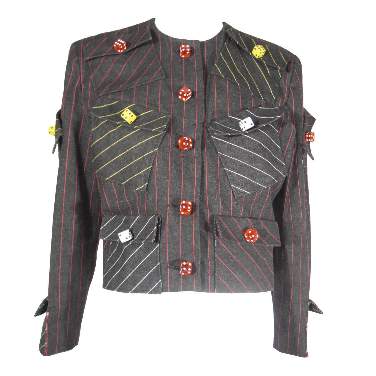 1980s Patrick Kelly "High Roller" Pinstripe Wool Jacket with Lucite Dice Detail