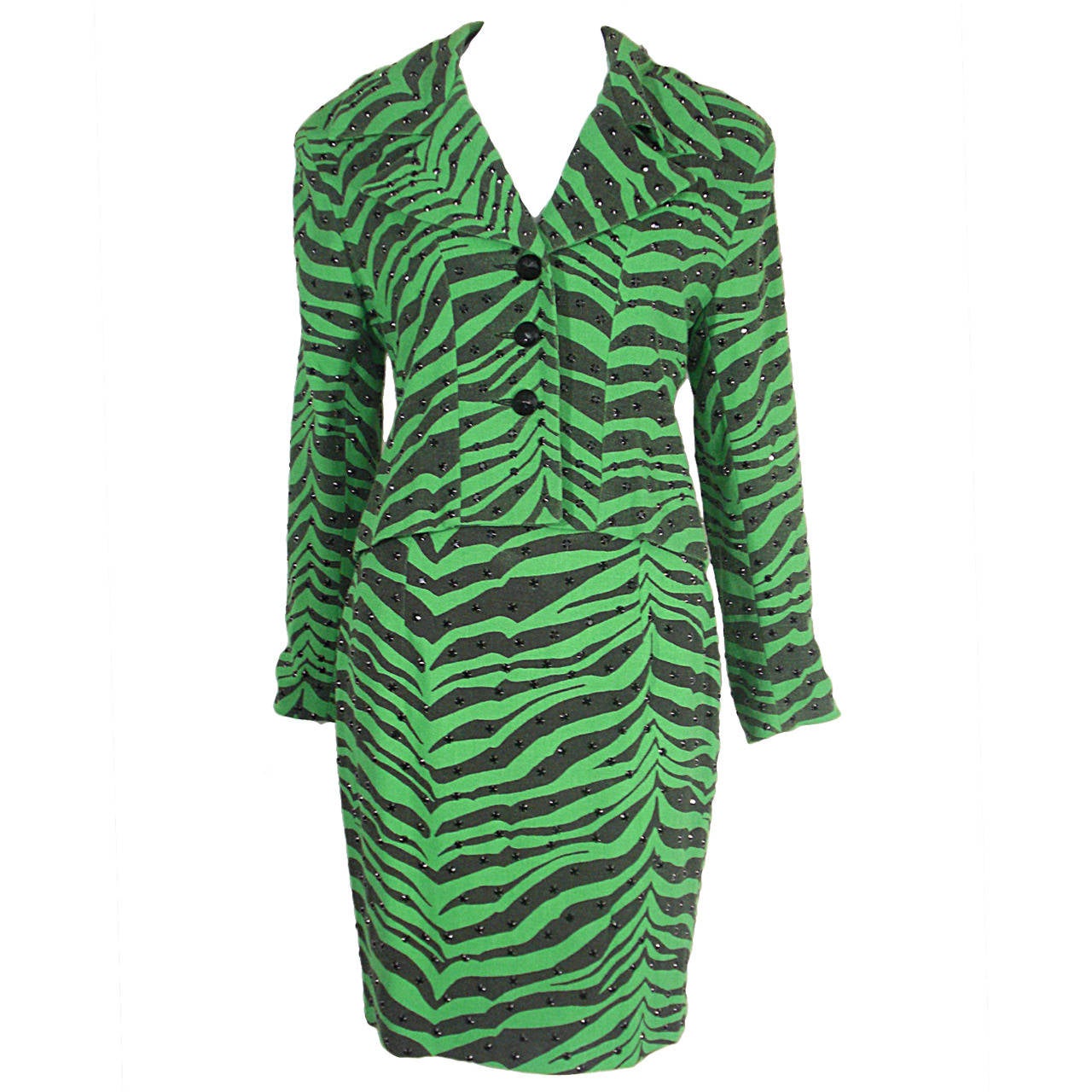 1980s Todd Oldham Electric Zebra Print Suit w/ Black Rhinestone Studs
