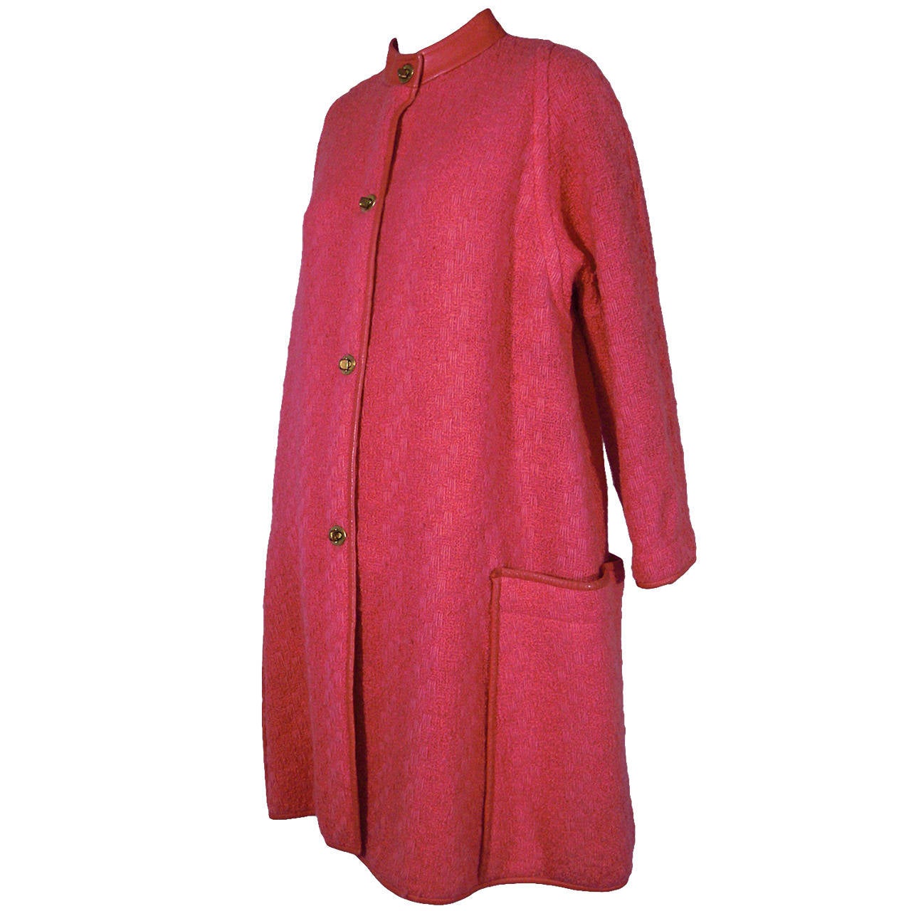 1960s Bonnie Cashin Lipstick Pink Wool Tweed Leather Trimmed Coat