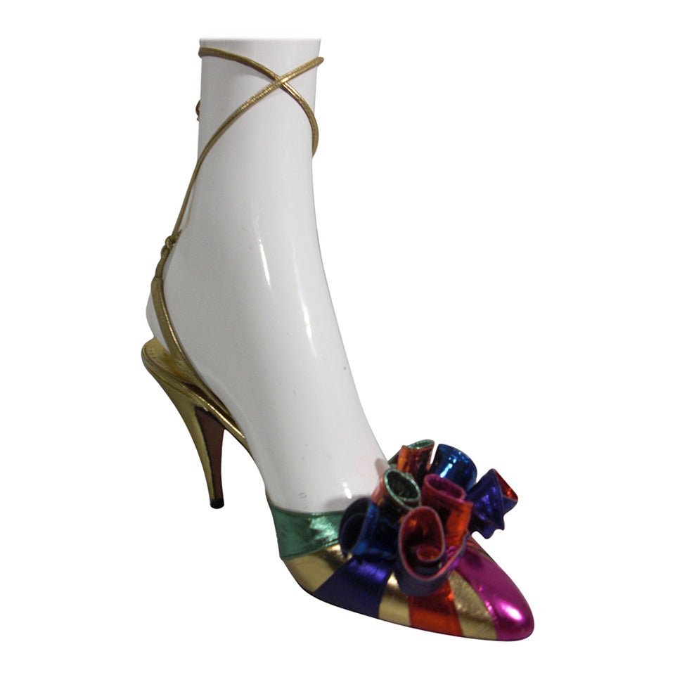 1980s Beverly Feldman Metallic Foil Ankle-Tie Party Shoes w/ Extravagant Toe