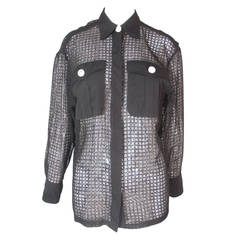 1980s Gianni Versace Black Open-Weave Cotton Blouse w/ Patch Pockets