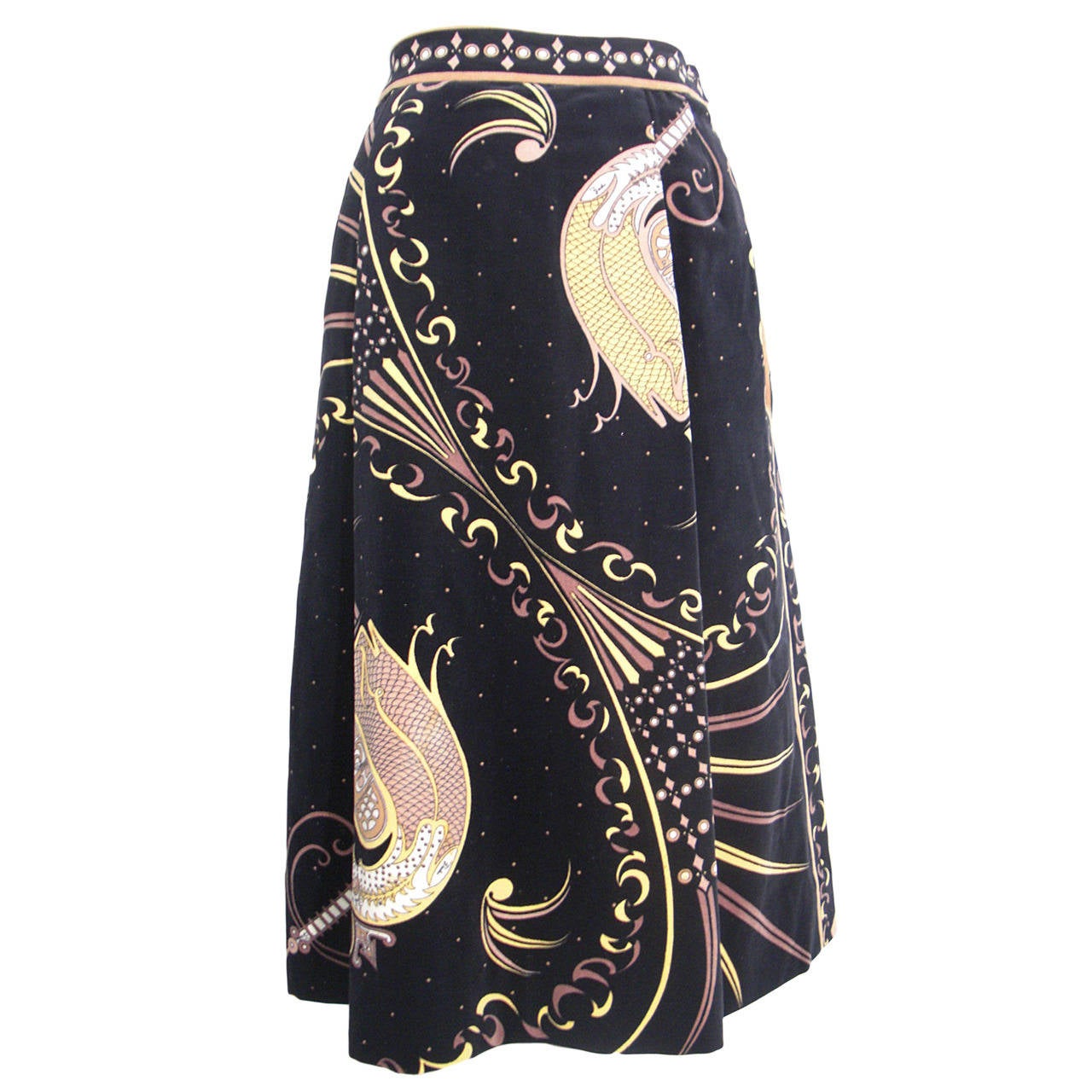 1970s Emilio Pucci Cotton Velveteen Pleated Print Skirt