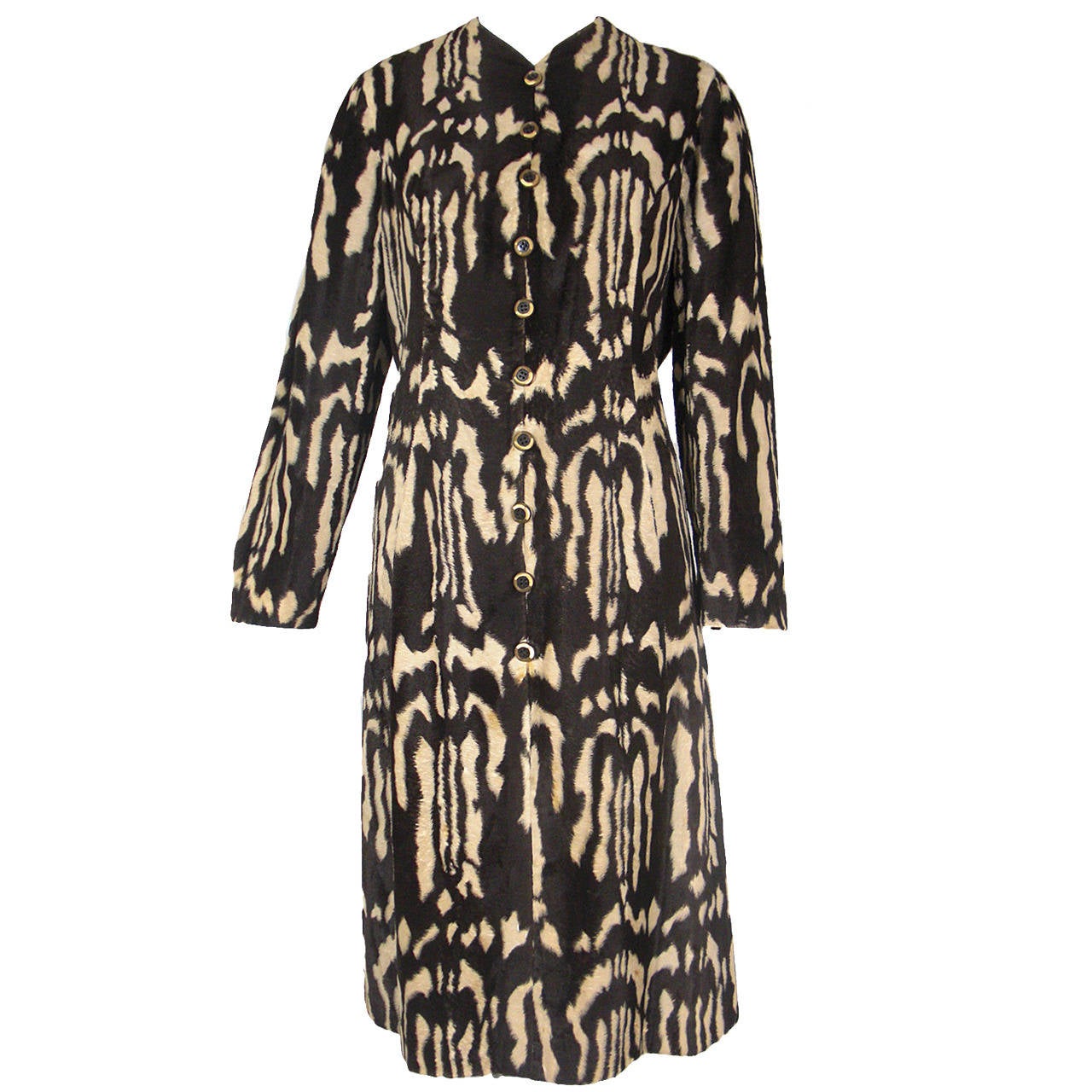 1960s Adele Simpson Faux Skunk Fur Button Down Dress w/ Nehru Collar