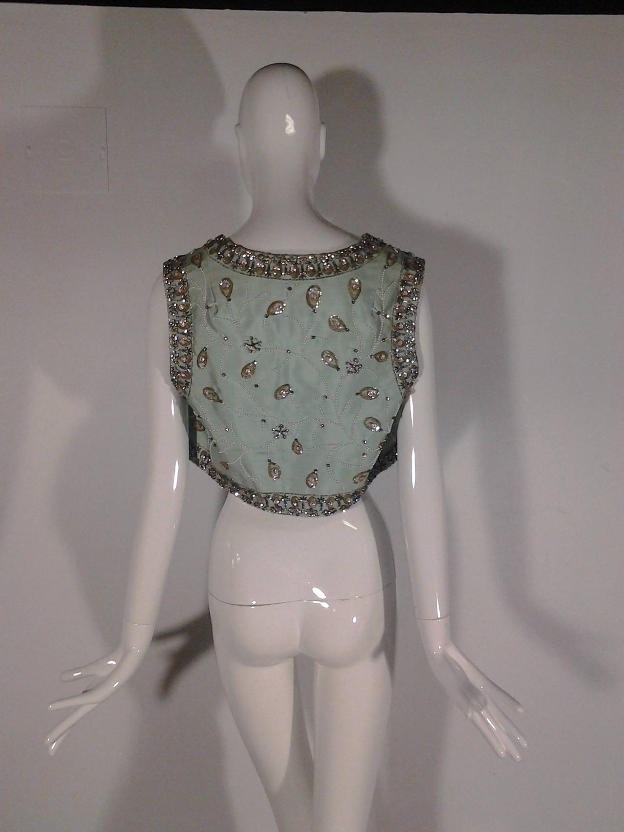 1960s I Magnin Rhinestone, Bead and Pearl Sage Green Vest in Raw Silk 1