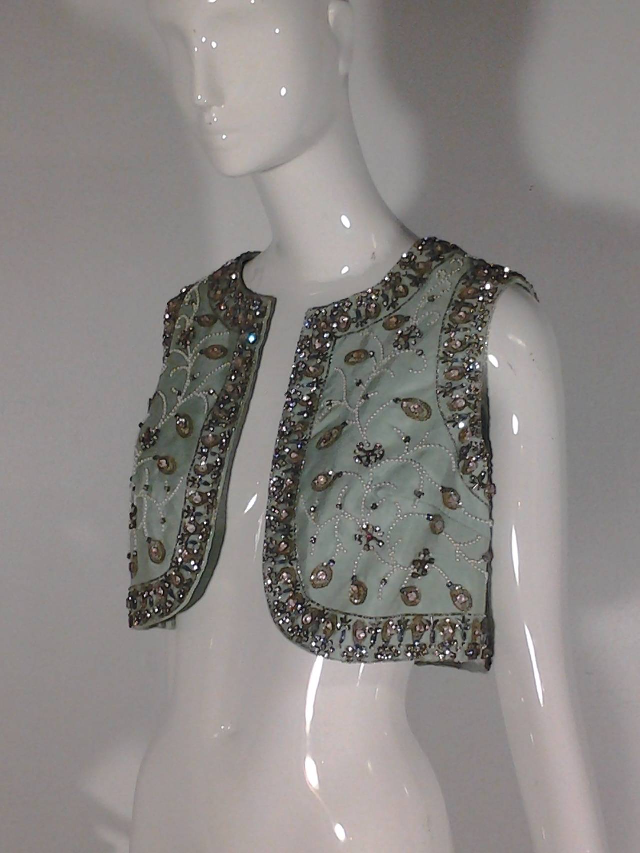Women's 1960s I Magnin Rhinestone, Bead and Pearl Sage Green Vest in Raw Silk