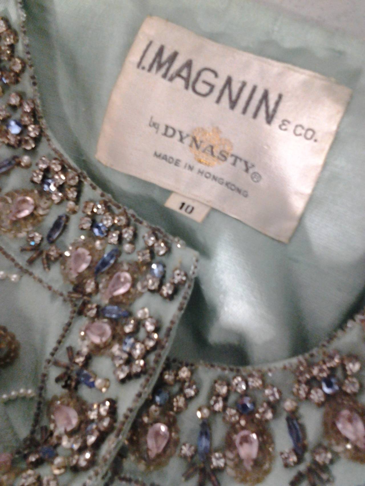 1960s I Magnin Rhinestone, Bead and Pearl Sage Green Vest in Raw Silk 3