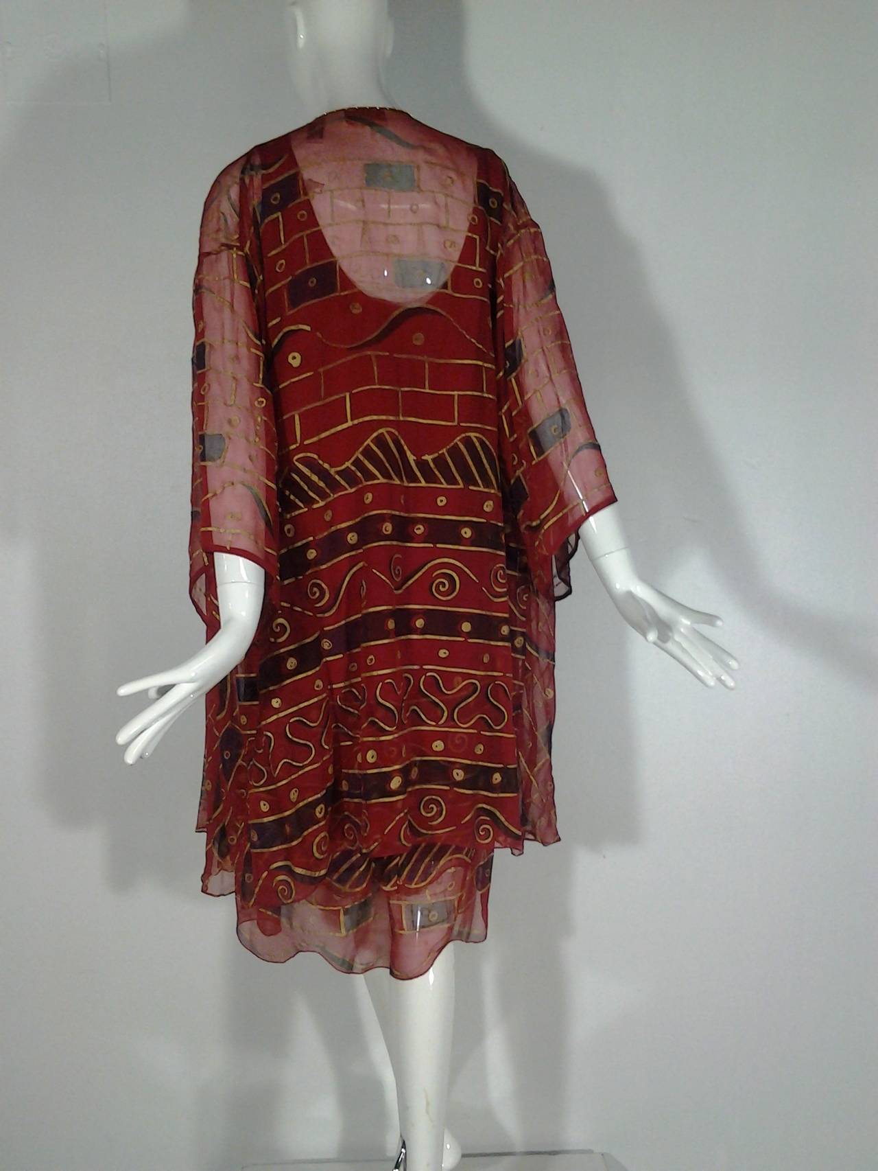 1980s Zandra Rhodes Red Silk Print 3 Piece Ensemble In Excellent Condition In Gresham, OR