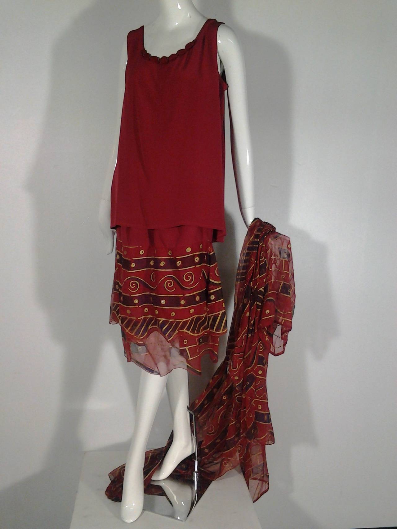 1980s Zandra Rhodes Red Silk Print 3 Piece Ensemble 1