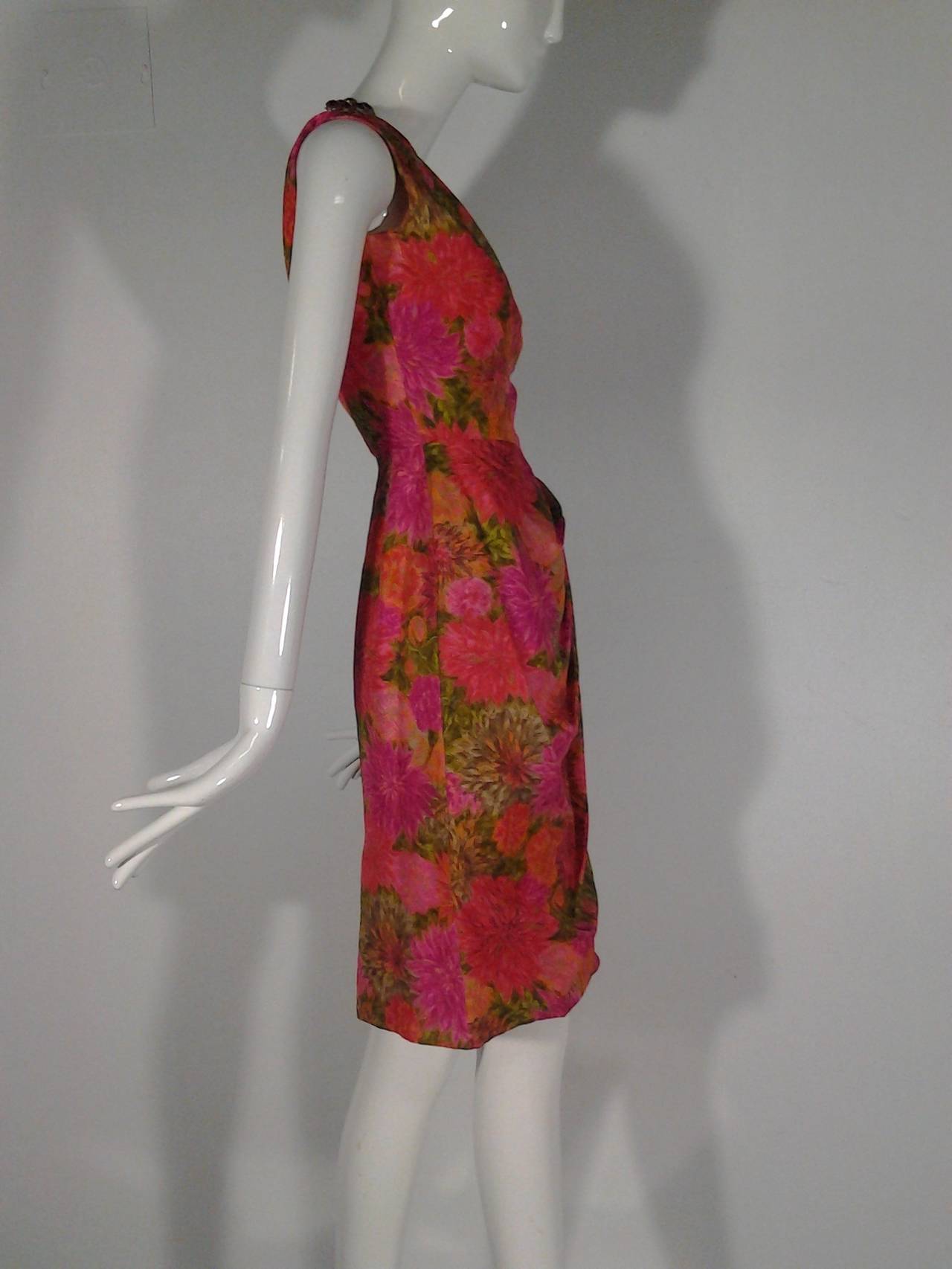 1950s One Shoulder Floral Silk Shantung Cockatil Dress with Bow and Pin