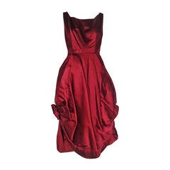 1950s Nan Duskin Red Cocktail Dress Featuring Floral Inspired Draped Skirt 6