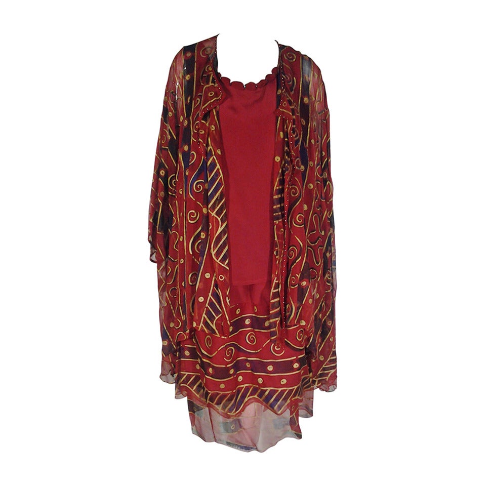 1980s Zandra Rhodes Red Silk Print 3 Piece Ensemble