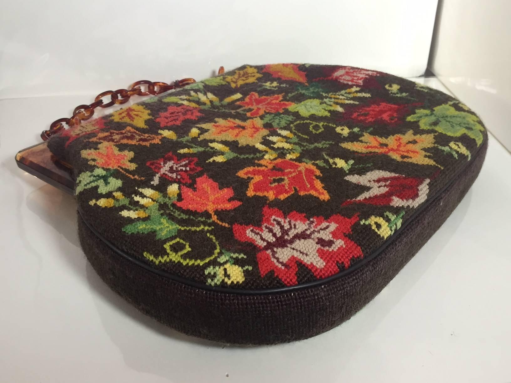 Women's 1950s Autumn Leaves Needle Point Handbag with Celluloid Frame and Chain