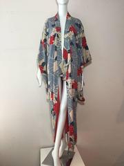 1930s Hydrangea Print Silk Kimono in Navy Cornflower Red and Cream