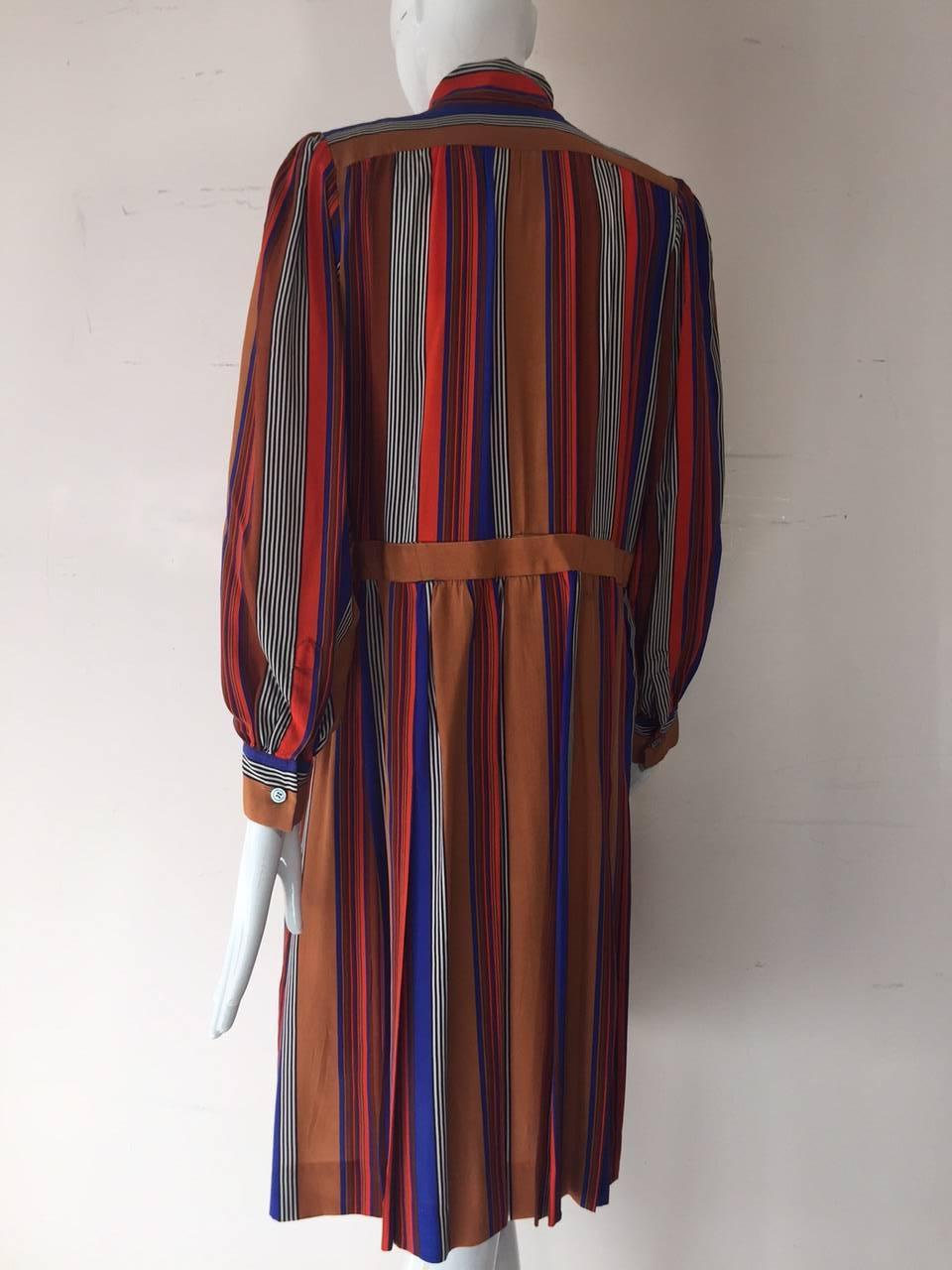 1970s Saint Laurent Silk Striped Day Dress w/ Foulard In Excellent Condition In Gresham, OR