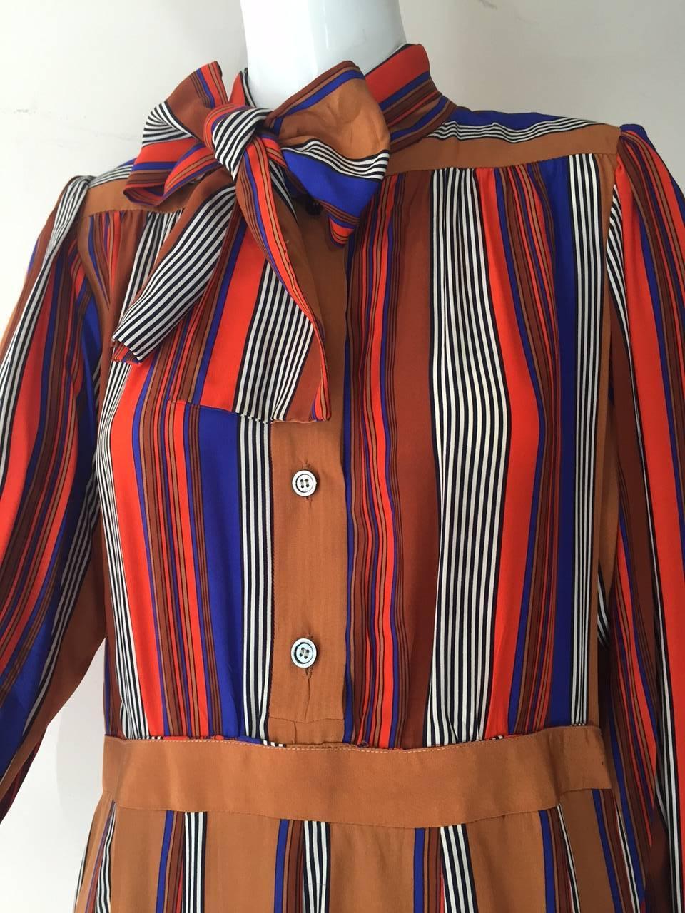 Women's 1970s Saint Laurent Silk Striped Day Dress w/ Foulard