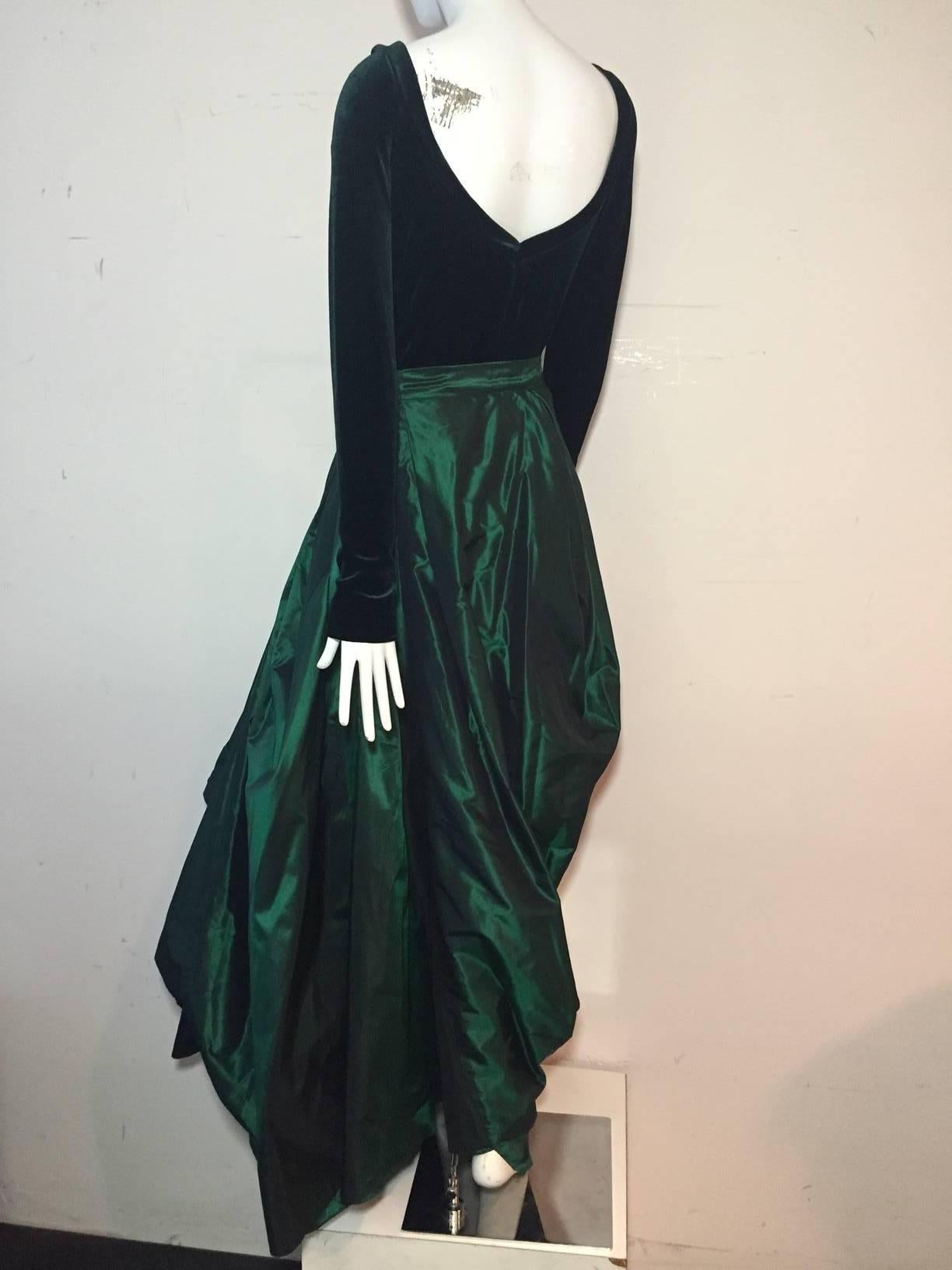 1990s Gianfranco Ferre Forest Green Silk Taffeta and Velvet Ball Gown In Excellent Condition In Gresham, OR
