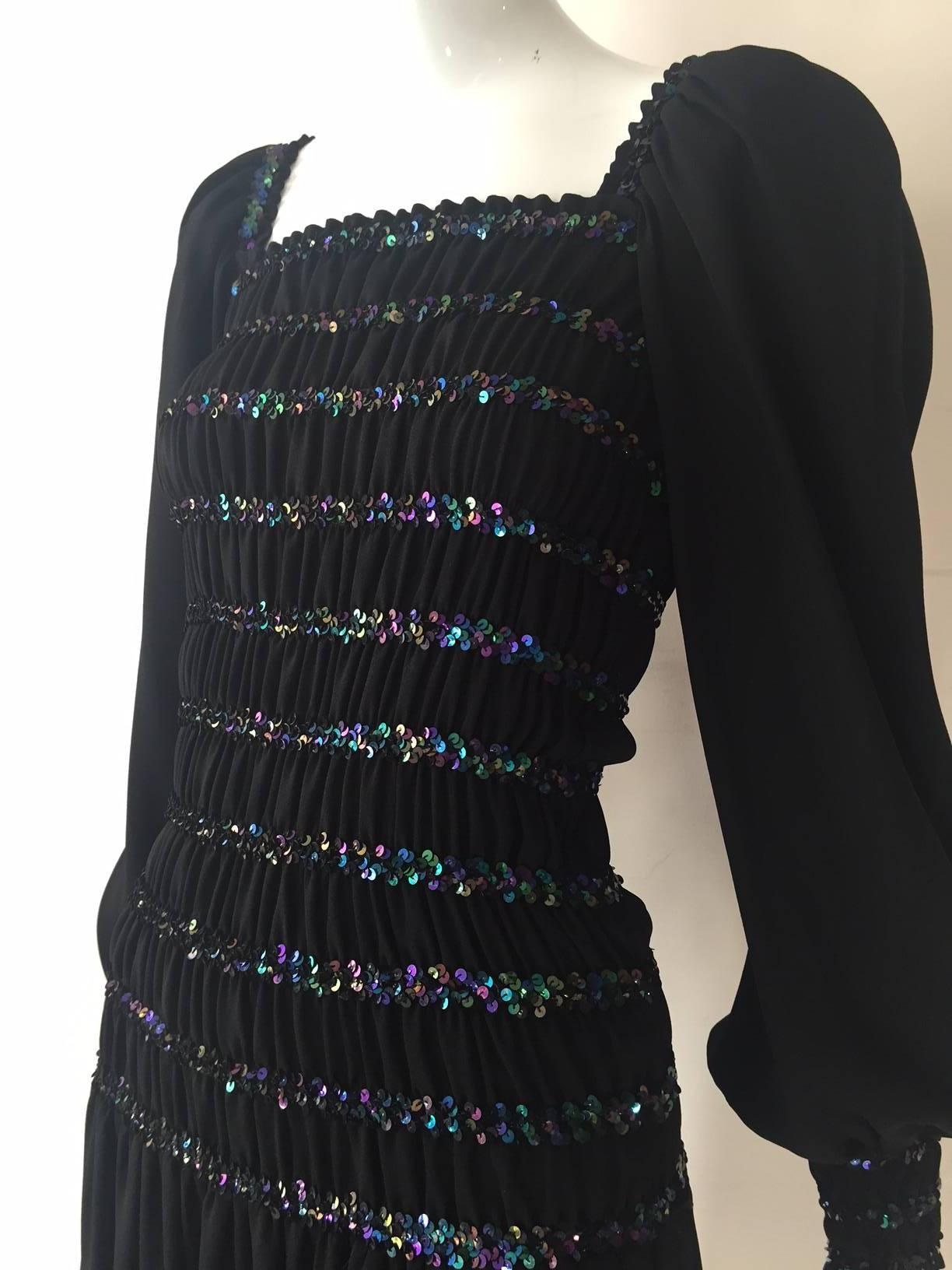 1970s Saint Laurent Peasant-Style Black Crepe and Sequin Dress In Excellent Condition In Gresham, OR