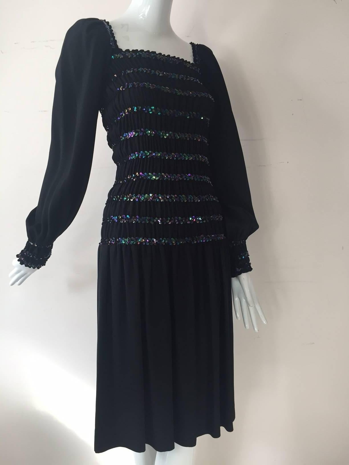 Women's 1970s Saint Laurent Peasant-Style Black Crepe and Sequin Dress