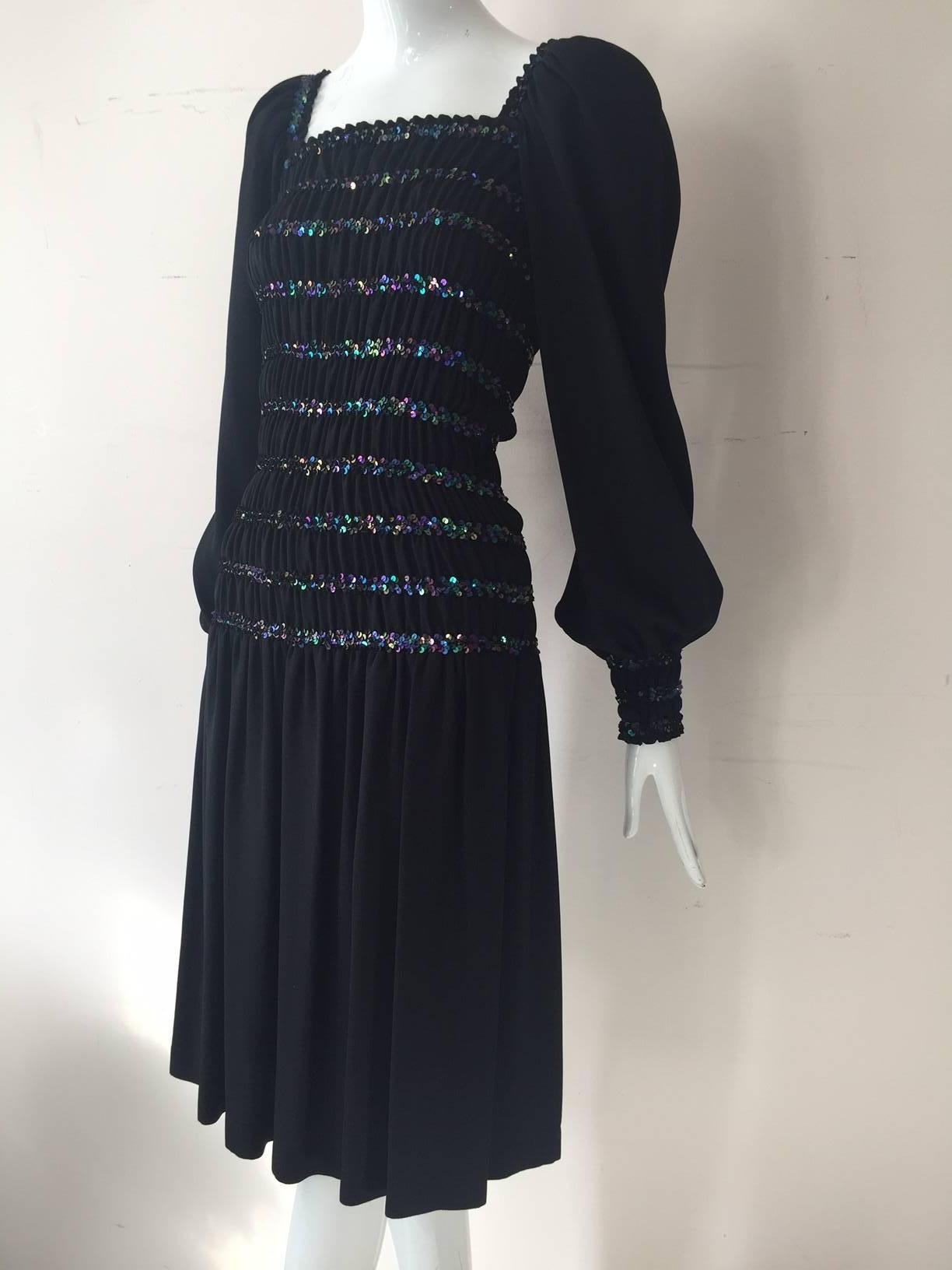 1970s Saint Laurent Peasant-Style Black Crepe and Sequin Dress 1