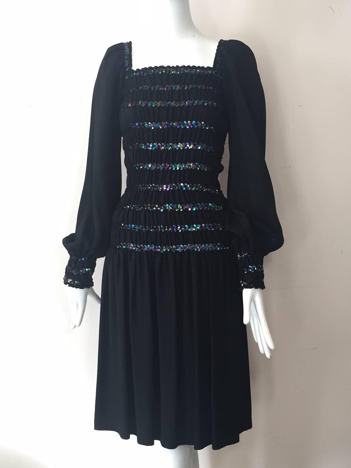 1970s Saint Laurent Peasant-Style Black Crepe and Sequin Dress 2