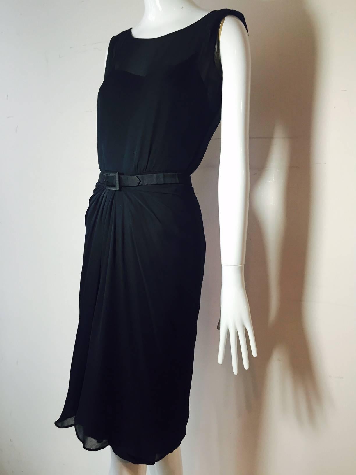 1950s James Galanos Little Black Dress in Silk Chiffon w/ Front Draping 1