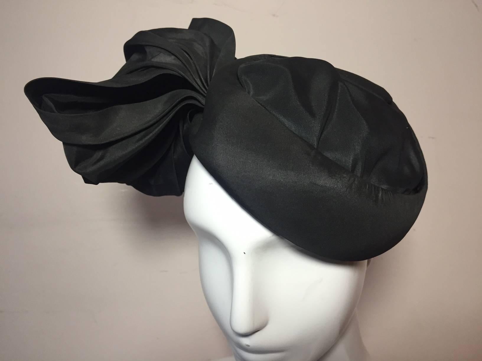 Black 1950s Lilly Dache Couture Silk Taffeta Cocktail Hat w/ Side Bow
