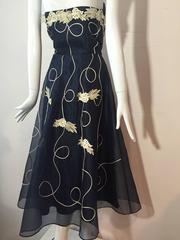 1950s Navy Silk Organza Strapless Party Dress w/ White Floral Applique