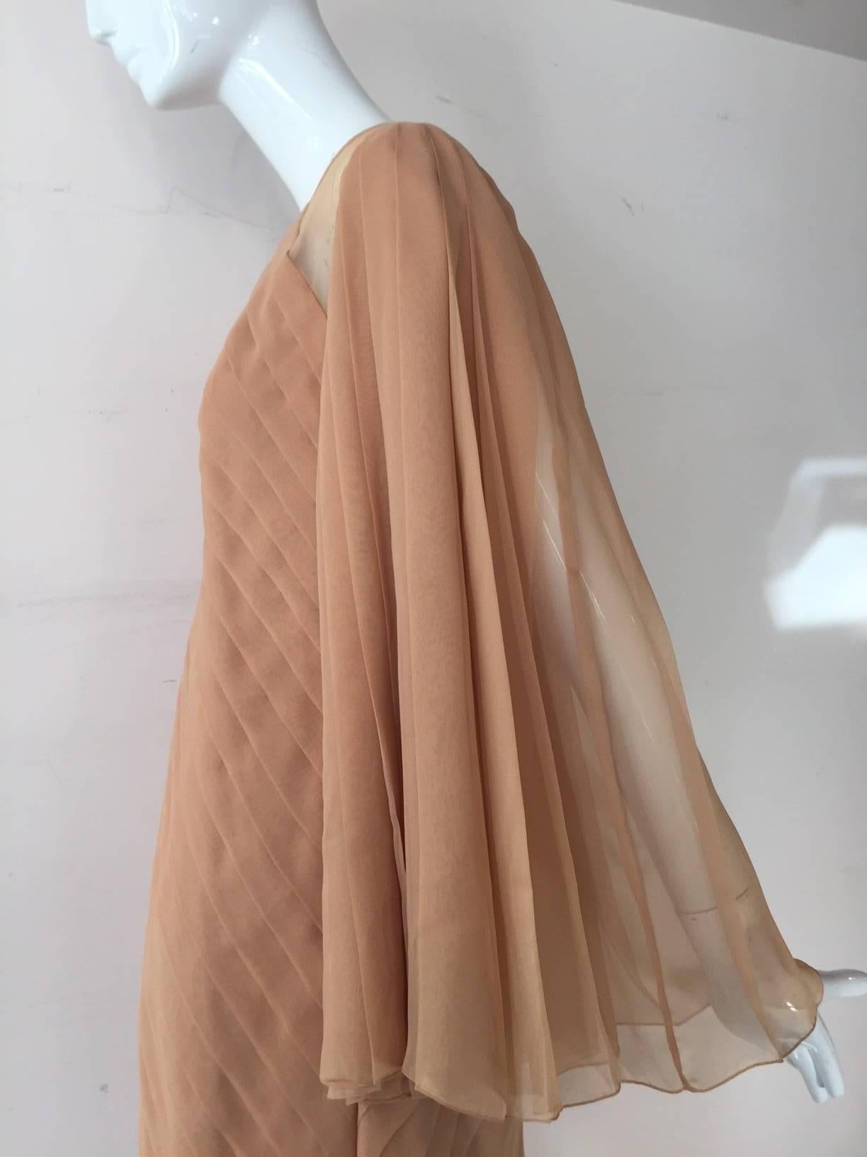Women's 1980s Galanos Peach Blush Silk Chiffon Pleated Dress w/ Fan Sleeves