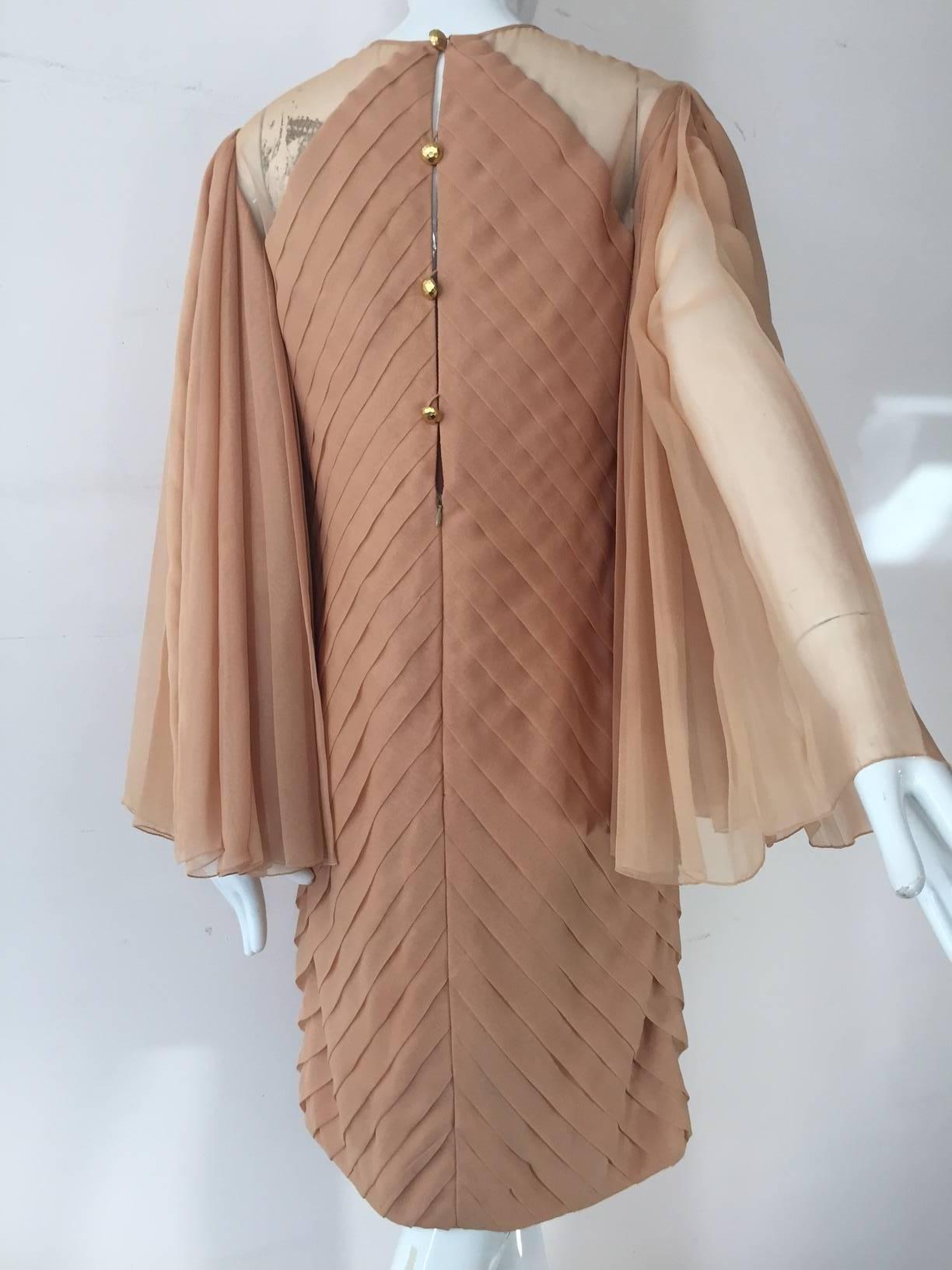1980s Galanos Peach Blush Silk Chiffon Pleated Dress w/ Fan Sleeves In Excellent Condition In Gresham, OR