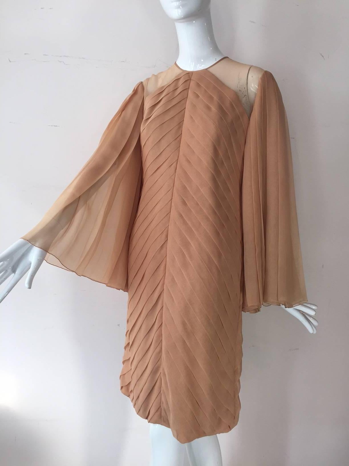 Brown 1980s Galanos Peach Blush Silk Chiffon Pleated Dress w/ Fan Sleeves